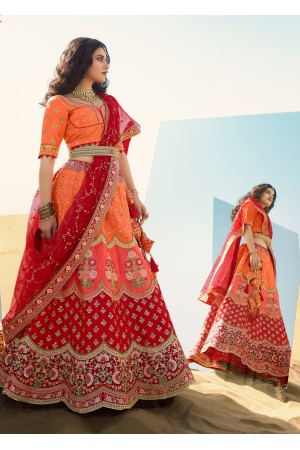 Orange and Red Color Raw Silk with Heavy Embroidery & Stone Work